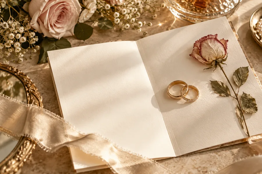 An open letter arranged with rings and a pressed rose