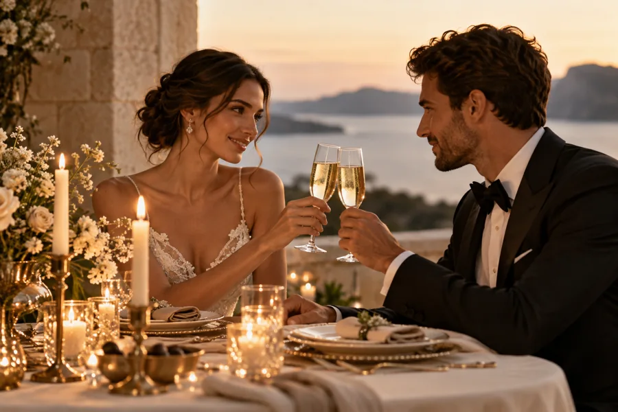 An intimate anniversary table set with candles and glasses