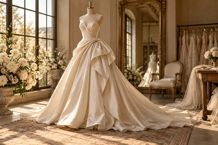Ivory wedding gown displayed in a bright bridal atelier
