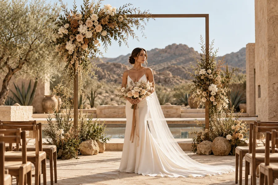 Floral ceremony arch in a warm desert courtyard