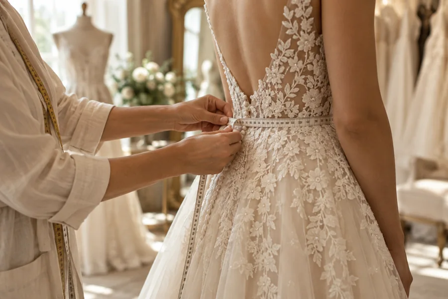 Measuring tape used during preparation of an ivory wedding gown