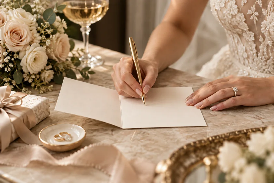 Hands writing a personal note in a cream wedding card
