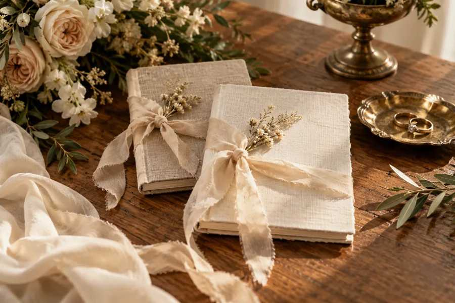 Linen vow books tied with ribbon on a wooden table