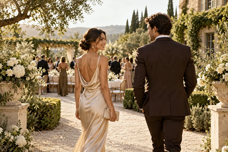 Two guests approaching a garden wedding reception