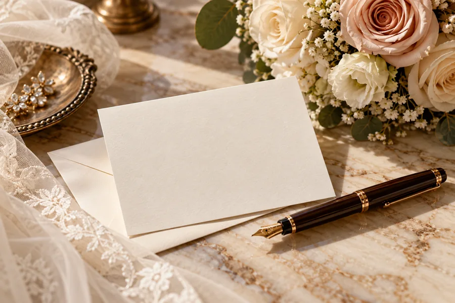 Blank cream wedding stationery beside a pen and flowers