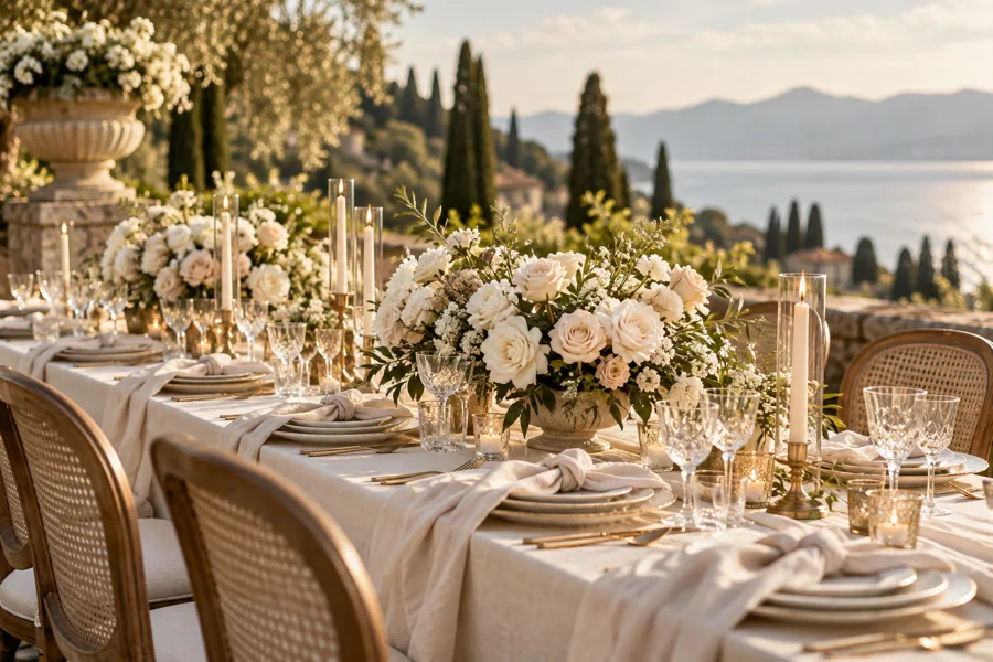 Cream roses and linen on a wedding reception table